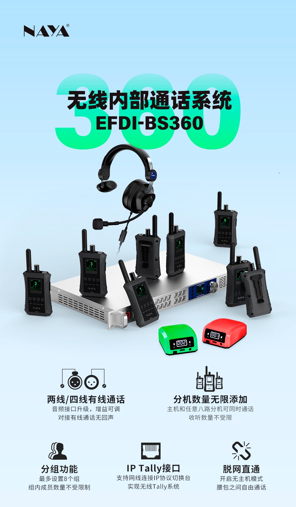 EFDI-BS360系列无线内部通话系统是NAYA无线内部通话系统的中高端产品系列，适用于融媒体中心、小型转播车、小型演播室、小剧场、礼堂以及EFP电子现场制作，更先进的技术带来了音质、音量和延迟性能的全面提升。