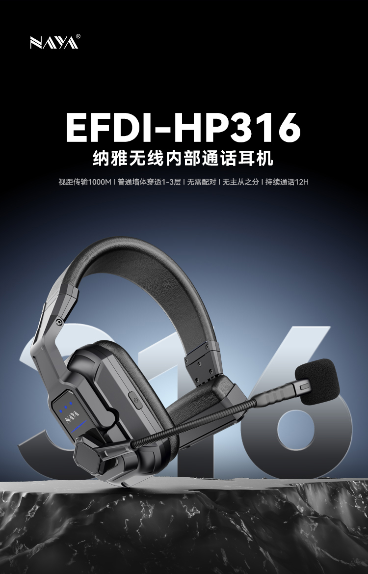 HP316头戴通话耳机, 开阔地通话距离1000米, 能穿透1-3层墙体, 支持128路通话
