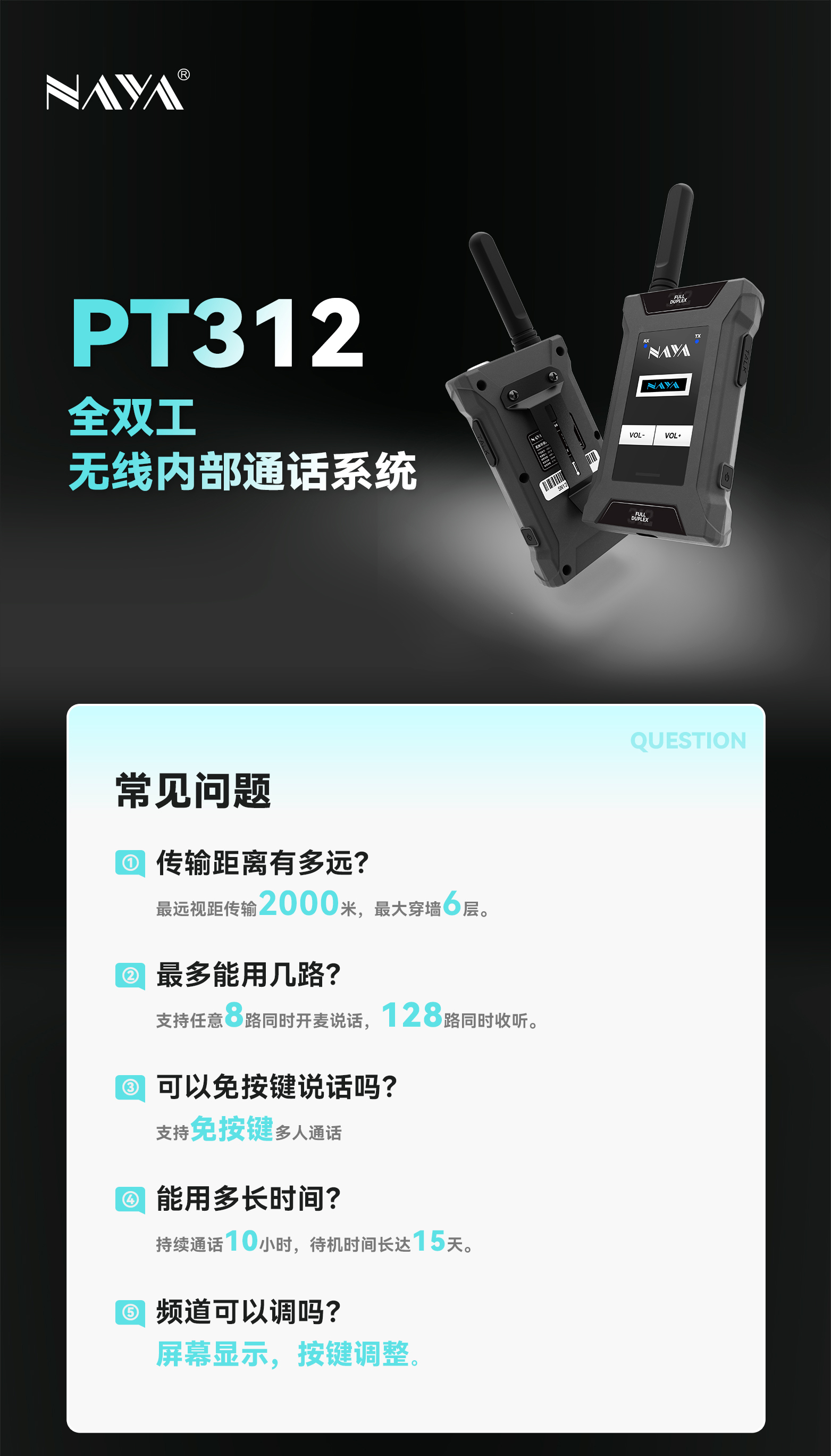 EFDI-PT312(无主机版)无需主机支持, 多达128路腰包可直接通话.